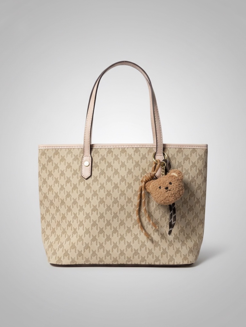 Neutral Monogram Print Tote Bag with Teddy Bear Charm